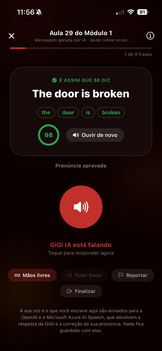Tela da GiGi IA com a frase The door is broken e nota 98